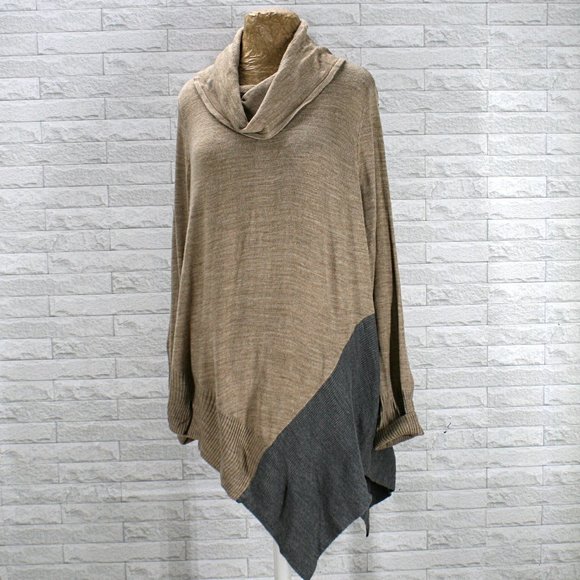 89th & Madison Sweaters - 89th & Madison Cowl Neck Pullover Tan and Grey Sweater Asymmetrical Hem X-Large